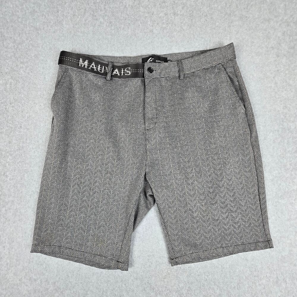 Mauvais 38 Louvre Gray Flat Front Shorts Logo Waistband Geometric Print Pattern